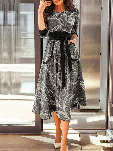 

Floral Autumn Elegant Polyester Natural Regular Fit Midi Regular Regular Size Dresses for Women, Gray, Midi Dresses