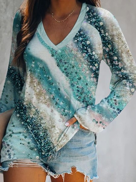 

Casual Gradient V-Neck Long Sleeve Knit Pullover T-Shirt, Blue, T-Shirts