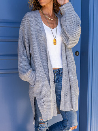 

Casual Plain Cotton-Blend Sweater Coat, Gray, Sweaters