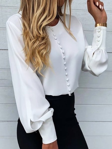 

Plain Autumn Urban Buttoned Micro-Elasticity Loose Long sleeve Regular H-Line Blouse for Women, White, Blouses and Shirts