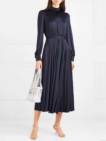 

Elegant Satin Plain Stand Collar Long Sleeve Dress, Deep blue, Midi Dresses