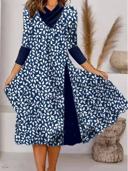 

V Neck Loose Floral Dresses, Blue, Dresses