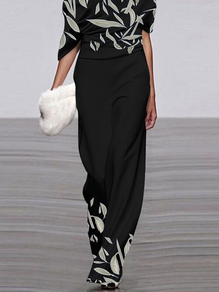 

Women Autumn Plants Urban High Waist Micro-Elasticity Regular Fit Long H-Line Regular Size Fashion Pants, Black, Pants