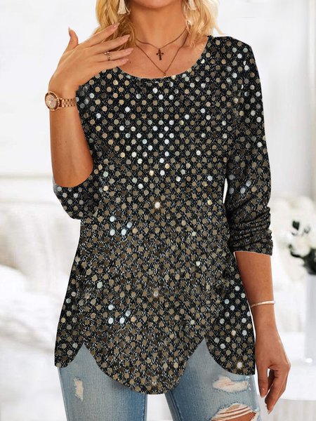 

Plain Polka Dot sequins loose irregular hem button top plus size, Black, Shirts & Blouses