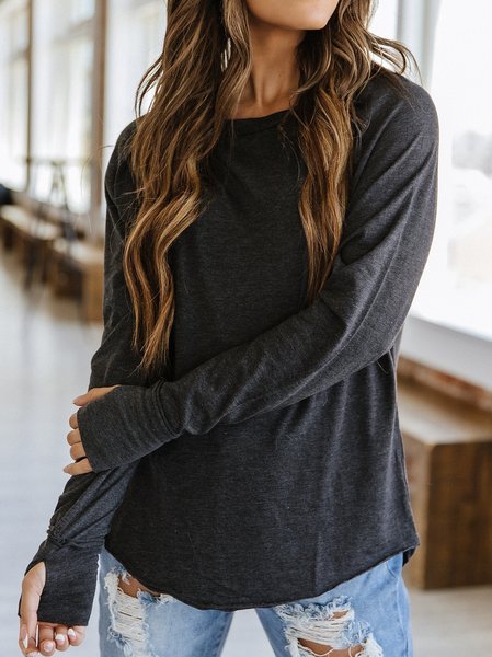 

Casual Plain Knit Long Sleeve Pullover T-Shirt, Deep gray, T-Shirts