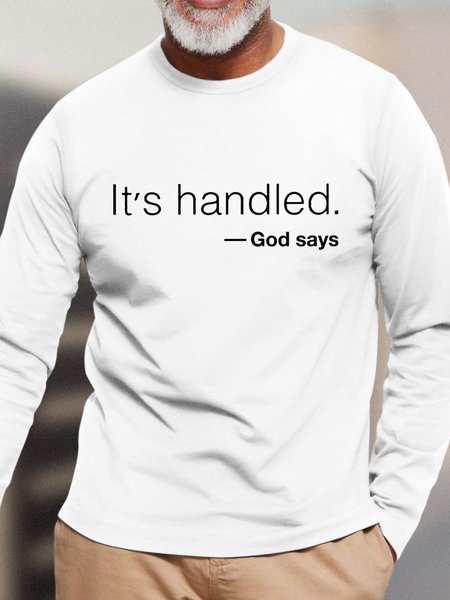 

Men God It Is Handled Letters Casual Crew Neck T-Shirt, White, Long Sleeves