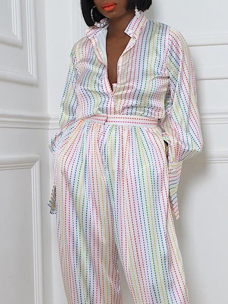 

Color Block Autumn Urban Polyester Loose Long sleeve H-Line Regular Shirt Collar Blouse for Women, Multicolor, Blouses and Shirts