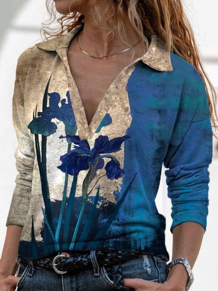 

Casual Floral Shawl Collar Regular Fit Tops, Multicolor, Shirts & Blouses