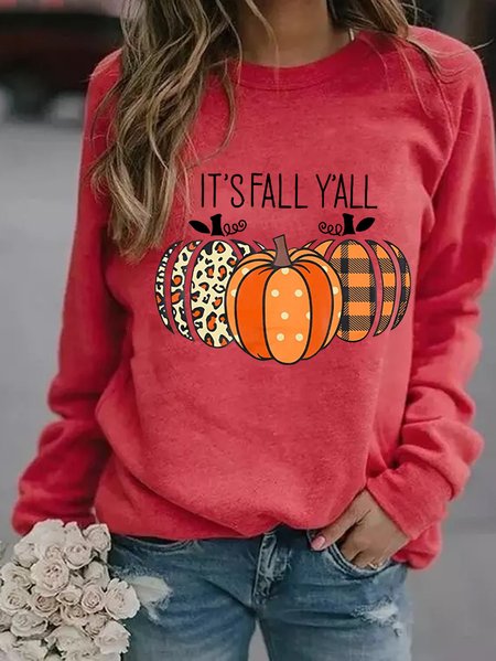 

It's Fall Y'all Shirt Women Halloween Leopard Pumpkin Halloween Regular Fit Simple Sweatshirt, Red, Hoodies&Sweatshirts