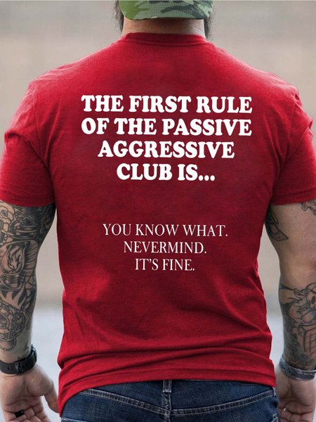 

Men Rule Passive Aggressive It Is Fine Crew Neck Text Letters Loose T-Shirt, Red, T-shirts