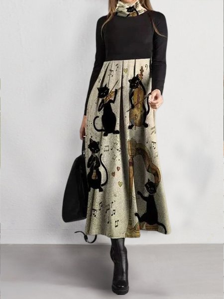 

Cute Cat Pattern Crew Neck Casual Cat Dresses, Multicolor, Dresses