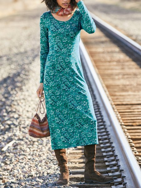 

Women Casual Floral Autumn Polyester Lightweight Daily Regular Fit H-Line Regular Size Dresses, Blue, Midi Dresses