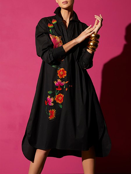 

Floral Autumn Urban Regular Fit Cotton-Blend Regular Shirt Dress Shirt Collar Regular Size Dresses for Women, Black, Maxi Dresses