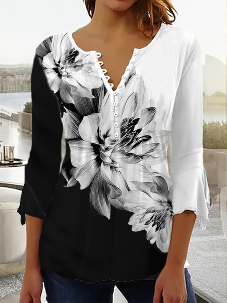 

Loose V Neck Elegant Floral Tops, Multicolor, Shirts & Blouses