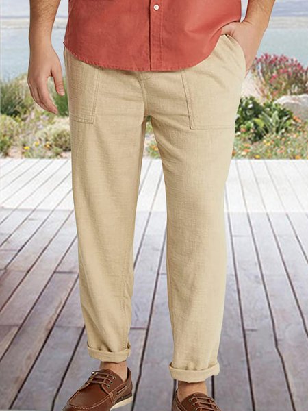 

Cotton and Linen Plain Hawaiian Casual Trousers, Khaki, Men's pants