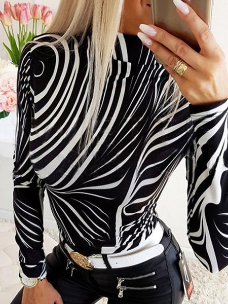 

Long Sleeve High Neck Urban Tight Striped T-Shirt, Black, Tees
