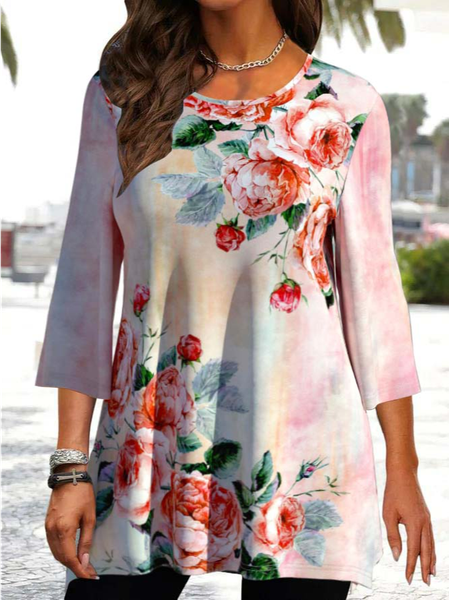 

Casual 3/4 Sleeve Floral Print Light Pink T Shirt, Multicolor, T-Shirts