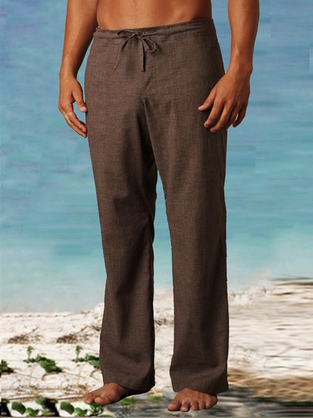 

Cotton and Linen Plain Hawaiian Casual Trousers, As picture, Men's pants