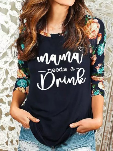 Casual Ethnic Floral Design Long Sleeve Knit Pullover T-Shirt, Black, Tops