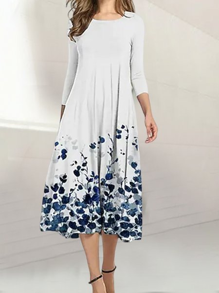 

Crew Neck Loose Floral Dresses, White, Midi Dresses