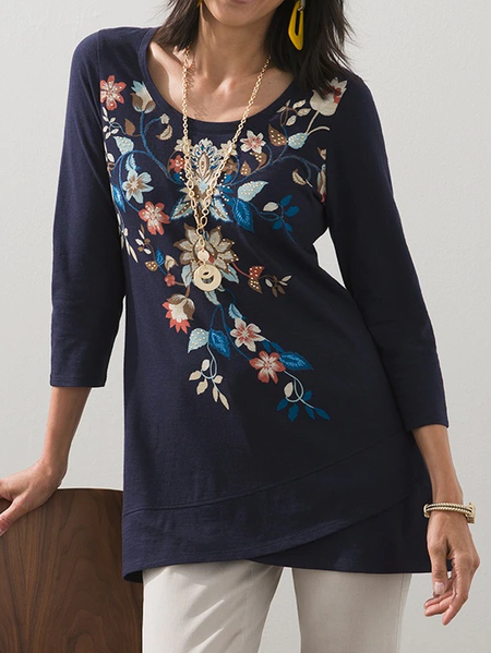 

Crew Neck Cotton-Blend Floral Casual T-Shirt, Blue, Tops