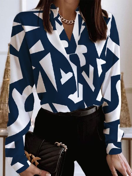 

Urban V Neck Geometric Printed Long Sleeve Blouse, Blue, Blouses and Shirts