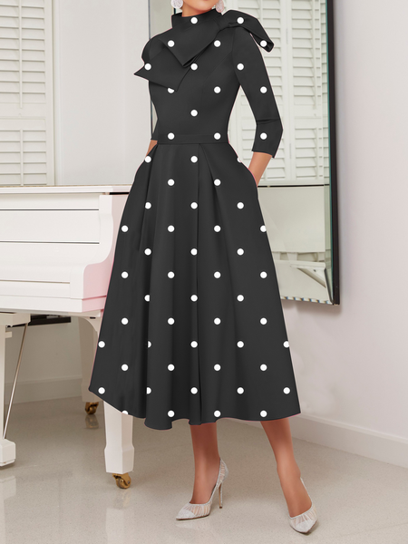 

Polka Dots Regular Fit High Elasticity X-Line Stand Collar Elegant Dress, Black, Maxi Dresses