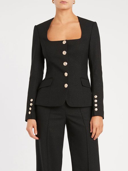 

Plain Autumn Urban Natural Daily Buttons Long sleeve H-Line Regular Blazer for Women, Black, Blazers
