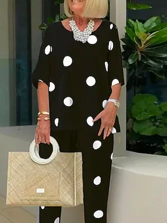 

Casual Crew Neck Polka Dots Two Piece Sets, Black, Suit Set