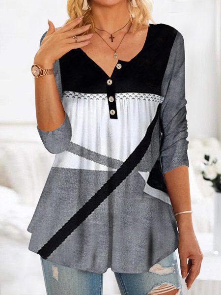 

Half open button color block loose Top, Multicolor, Tunics