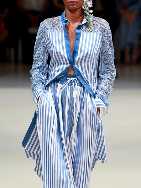 

Urban Loose Shirt Collar Striped Lace Edge Blouse, Blue, Blouses and Shirts