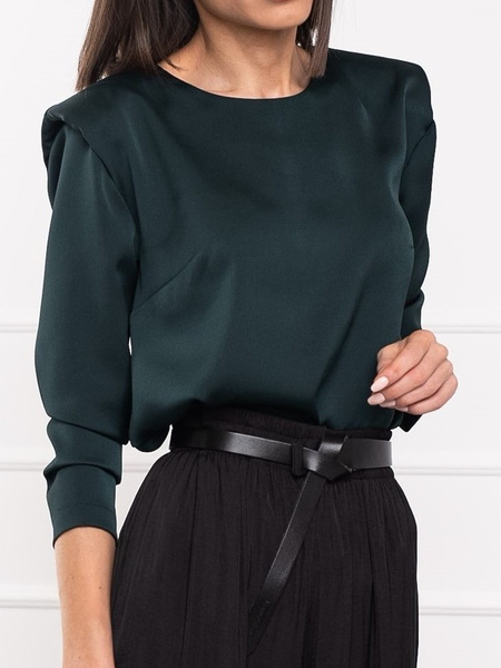 

Women Plain Simple Autumn Satin Loose Regular H-Line Regular Regular Size Blouse, Darkgreen, Blouses and Shirts