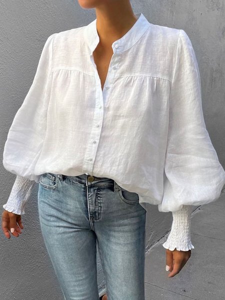 

V Neck Lantern Sleeve Loose Plain Blouse, White, Blouses and Shirts