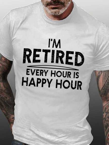 

Men Retired Happy Hour Letters Fit Casual Cotton T-Shirt, White, T-shirts