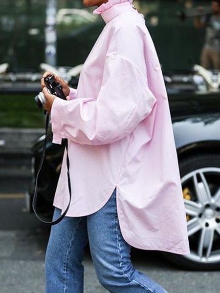 

Urban Simple Stand Collar Long Sleeve Blouse, Pink, Blouses and Shirts
