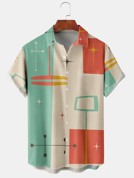 

Men's Geometric Print Casual Breathable Hawaiian Short Sleeve Shirt, Apricot, Short Sleeve Shirts