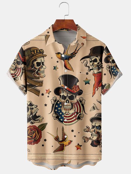 

Men's Casual Short Sleeve Hawaiian Shirt with Chest Pocket, Khaki, Short Sleeve Shirts