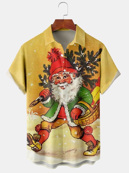 

Men's Casual Santa Print Short Sleeve Hawaiian Shirt with Chest Pocket, Yellow, Short Sleeve Shirts