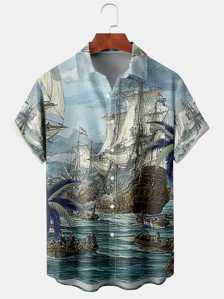 

Men's Ocean Print Casual Fabric Fashion Hawaiian Lapel Short Sleeve Shirt, Blue, Men's Floral shirt