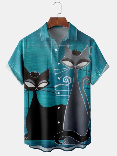 

Men's Art Cat Print Casual Breathable Hawaiian Short Sleeve Shirt, Lake blue, Short Sleeve Shirts