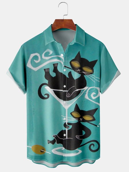

Men's Art Cat Print Casual Breathable Hawaiian Short Sleeve Shirt, Green, Short Sleeve Shirts