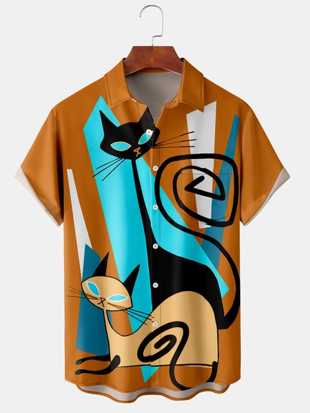 

Men's Art Geometric Cat Print Casual Breathable Hawaiian Short Sleeve Shirt, Yellow, Short Sleeve Shirts