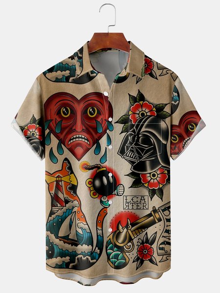 

Men's Casual Short Sleeve Hawaiian Shirt with Chest Pocket, Khaki, Short Sleeve Shirts