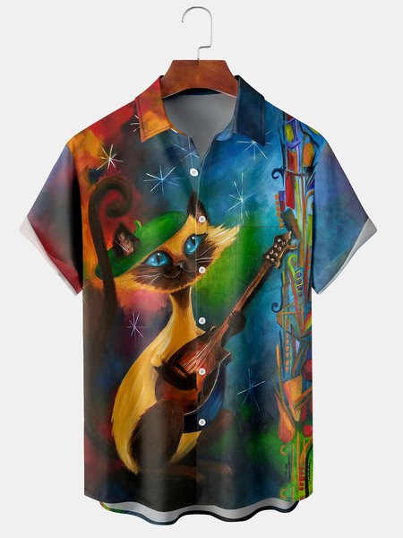 

Men's Art Cat Print Casual Breathable Hawaiian Short Sleeve Shirt, Blue, Short Sleeve Shirts