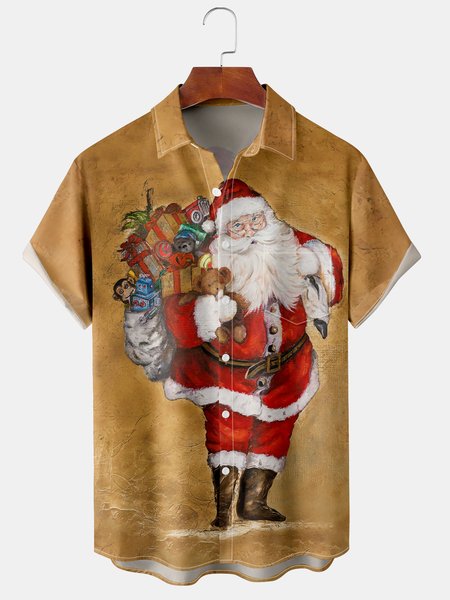 

Men's Christmas Collection Printed Casual Short Sleeve Hawaiian Shirt with Chest Pocket, Khaki, Short Sleeve Shirts