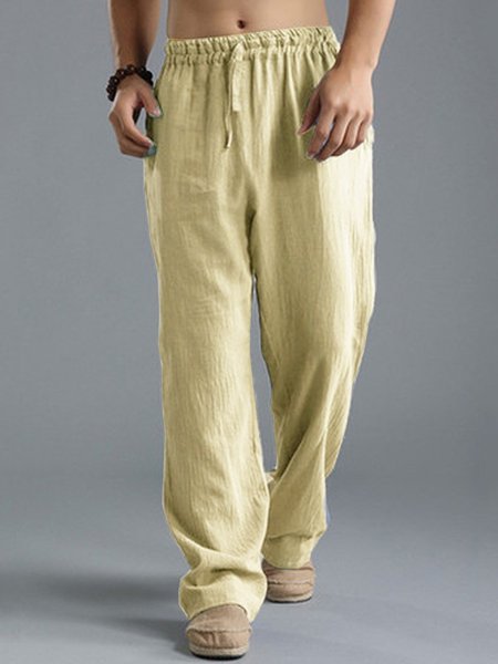 

Solid Color Casual Cotton Linen Trousers, Khaki, Bottoms