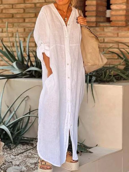

Long sleeve Plain Polyester Cotton V Neck Dress, White, Maxi Dresses