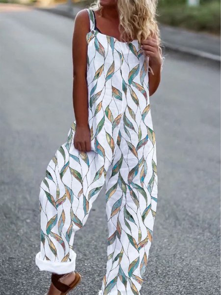 

Casual Loose Leaf Square Neck Sleeveless Jumpsuit & Romper, White, Jumpsuits&Rompers