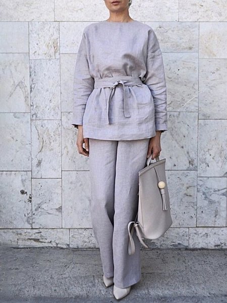 

Plain Autumn Linen Natural Regular Fit Crew Neck Top With Pants H-Line Regular Two Piece Sets for Women, Gray, Set