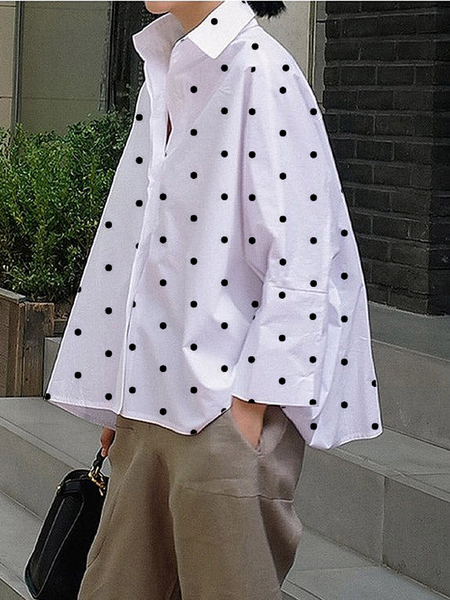 

Women Polka Dots Simple Autumn Daily Loose Regular Regular Shirt Collar Regular Size Blouse, White, Blouses and Shirts